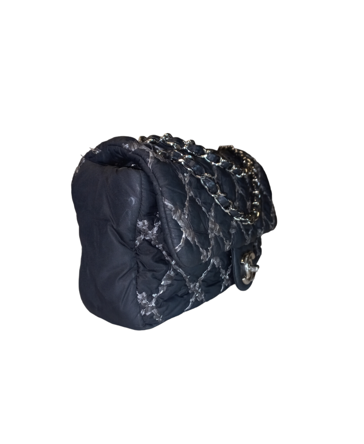 Chanel Tweed On Stitch Flap Bag Quilted Nylon Black/Grey
