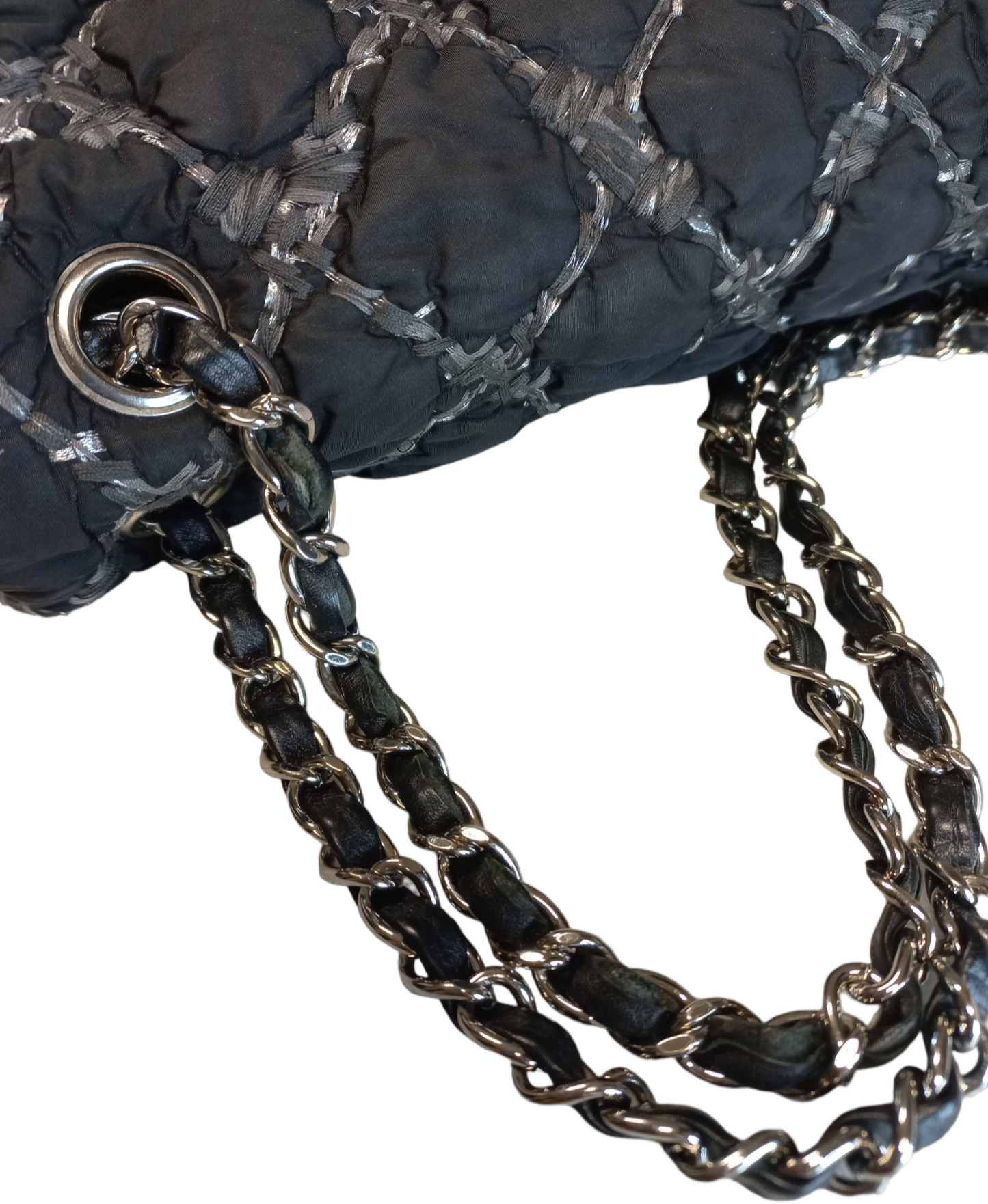 Chanel Tweed On Stitch Flap Bag Quilted Nylon Black/Grey