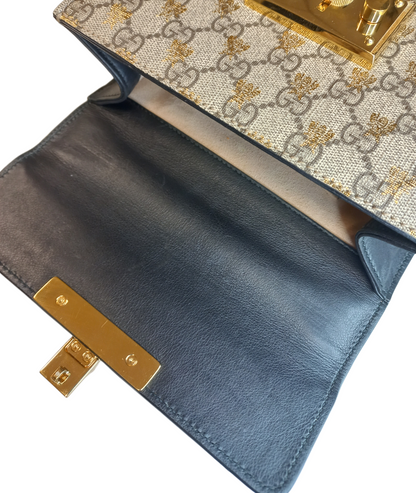 Gucci GG Supreme Padlock Bee Small Shoulder Bag Beige