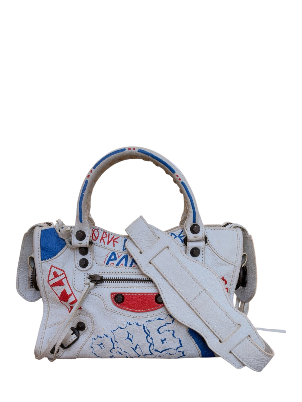 Balenciaga City Graffiti Classic Studs Mini Bag White