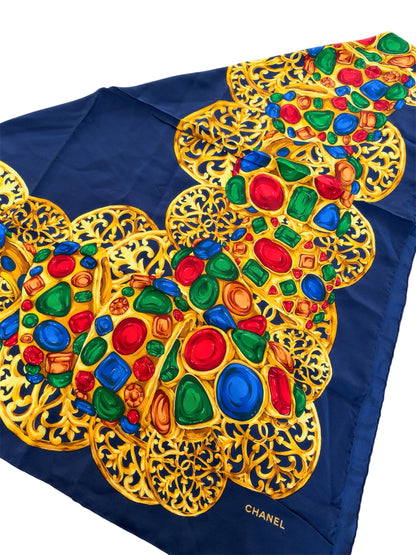 Chanel Vintage Jewel Print Silk Scarf - Navy Blue