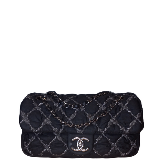 Chanel Tweed On Stitch Flap Bag Quilted Nylon Black/Grey
