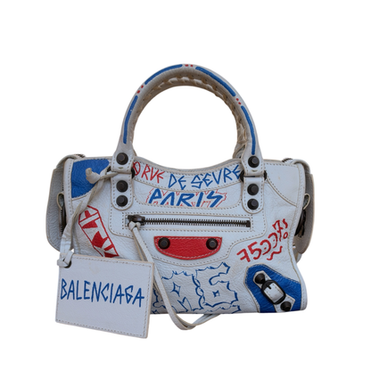 Balenciaga City Graffiti Classic Studs Mini Bag White