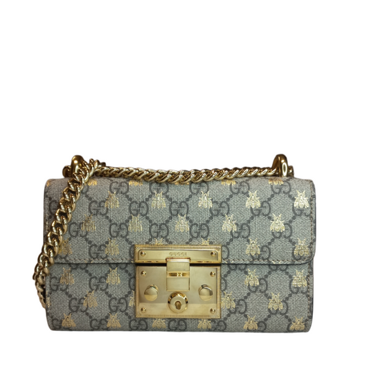 Gucci GG Supreme Padlock Bee Small Shoulder Bag Beige